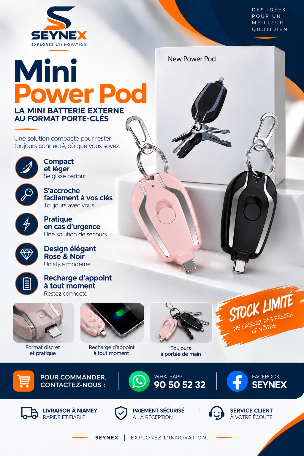 Mini Power bank - mini batterie externe d'urgence au format porte-clés.